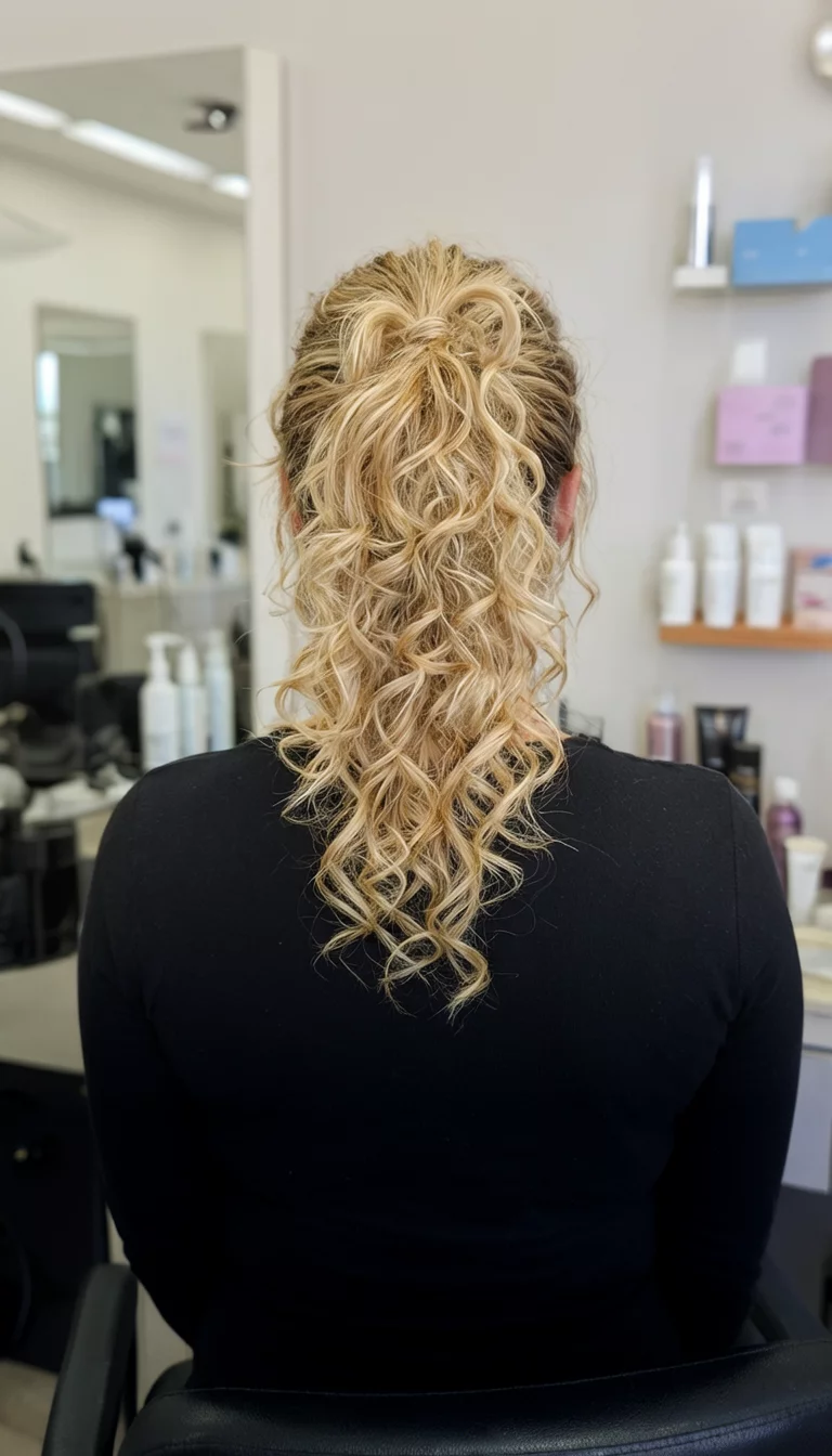 casual photo of a 38-year-old woman wearing a black top with a complex, twisted high ponytail of blonde curly hair, back view, salon background