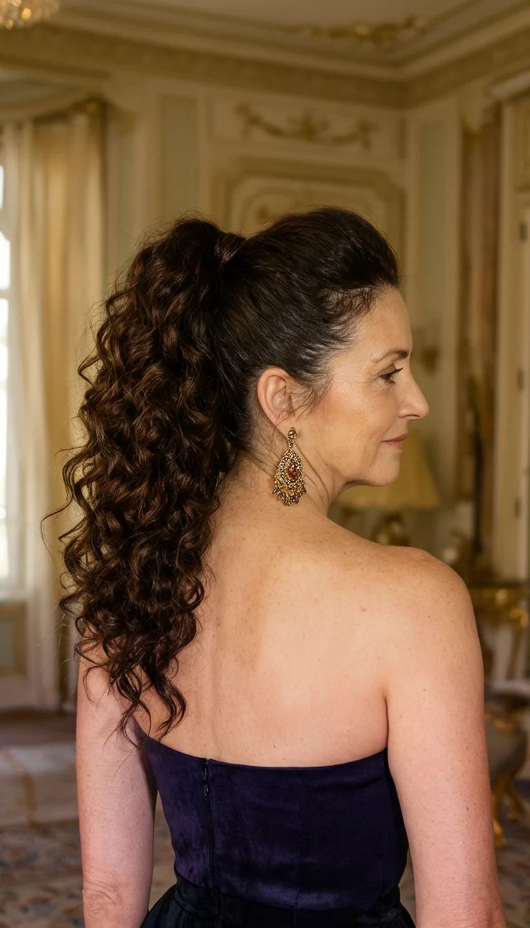 casual photo of a 48-year-old woman wearing a dark, strapless garment and ornate earrings with dark brown, long, curly hair in a voluminous high ponytail, side view, elegant interior background