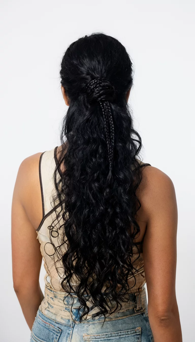 casual photo of a 35-year-old woman wearing a stylish top with long, curly black hair in a ponytail with braided accents, back view, clean studio background
