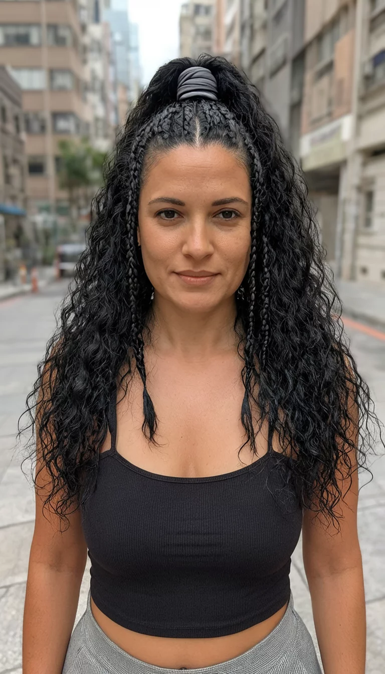 casual photo of a 37-year-old woman wearing a modern top with long, curly black hair in a high ponytail with a wrap-around attachment and two small braids framing her face, front view, urban background