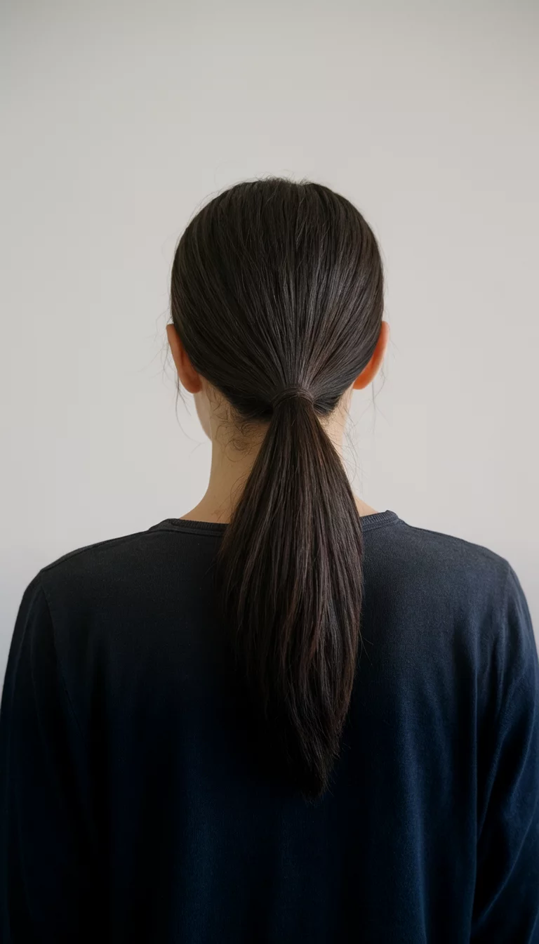 casual photo of a 31-year-old woman wearing a simple dark top with hair in a sleek low ponytail, back view, minimalist background