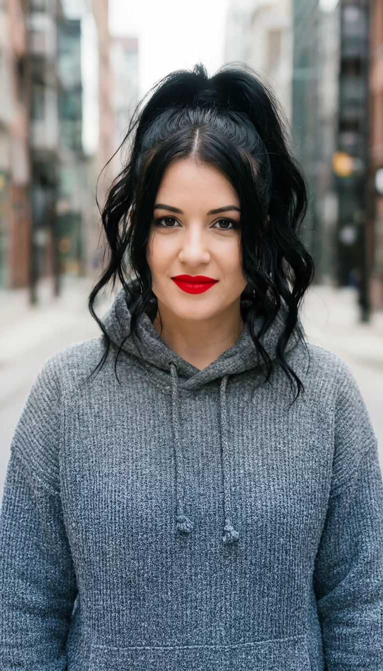casual photo of a 32-year-old woman wearing a grey hooded sweater and bright red lipstick with black hair in a high ponytail with loose, wavy tendrils, front view, urban background