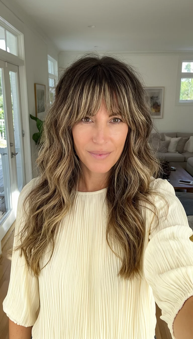 selfie of a 31-year-old woman wearing a cream-colored, pleated top with a long, wavy brown hairstyle with blonde streaks and shaggy bangs, front view, sunny living room background