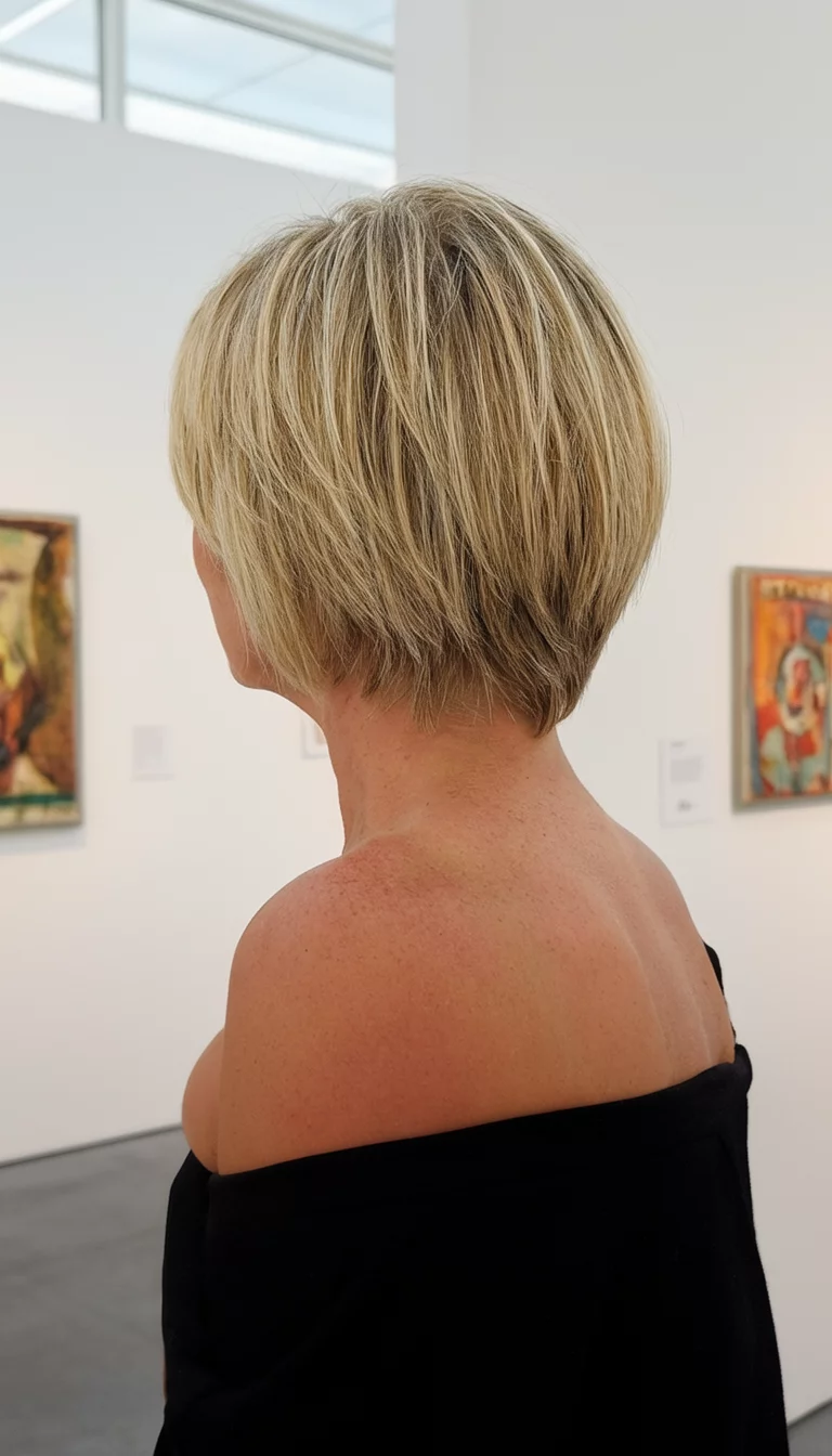 casual photo of a 48-year-old woman wearing a black strapless top with a short, blonde bob hairstyle with subtle layers, side view, art gallery background