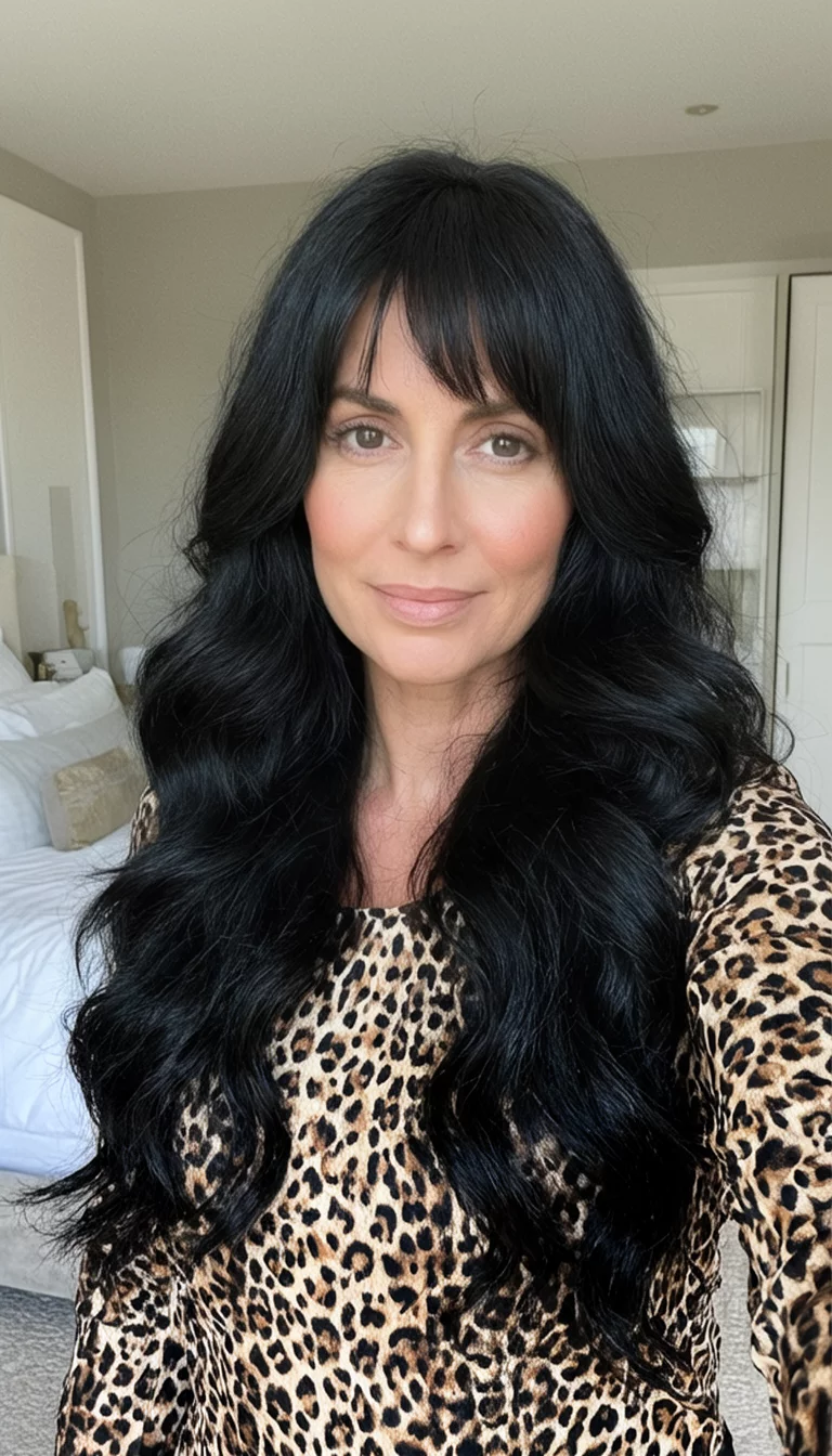 selfie of a 36-year-old woman wearing a leopard-print top with a long, voluminous black wavy hairstyle and face-framing layers, front view, chic bedroom background