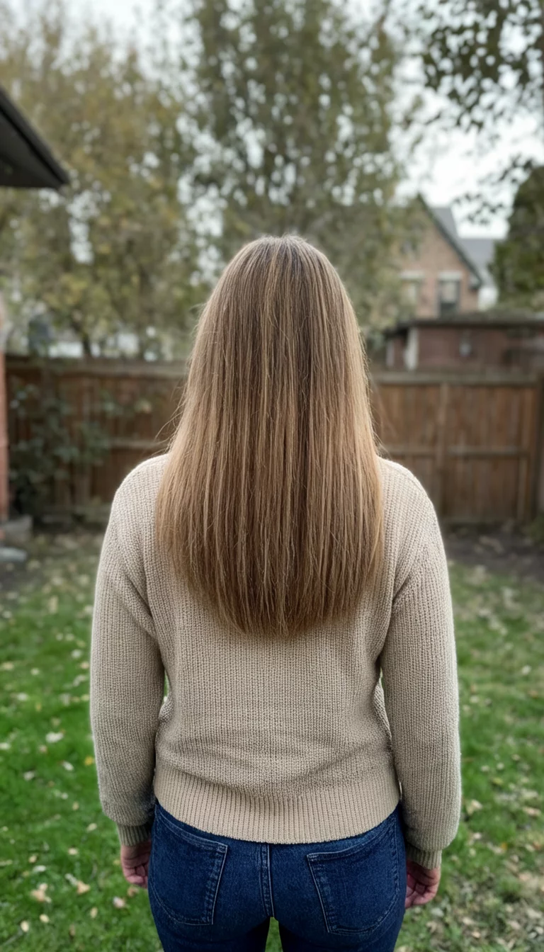 casual photo of a 41-year-old woman wearing a neutral sweater with a long, straight, light brown hairstyle, back view, backyard background