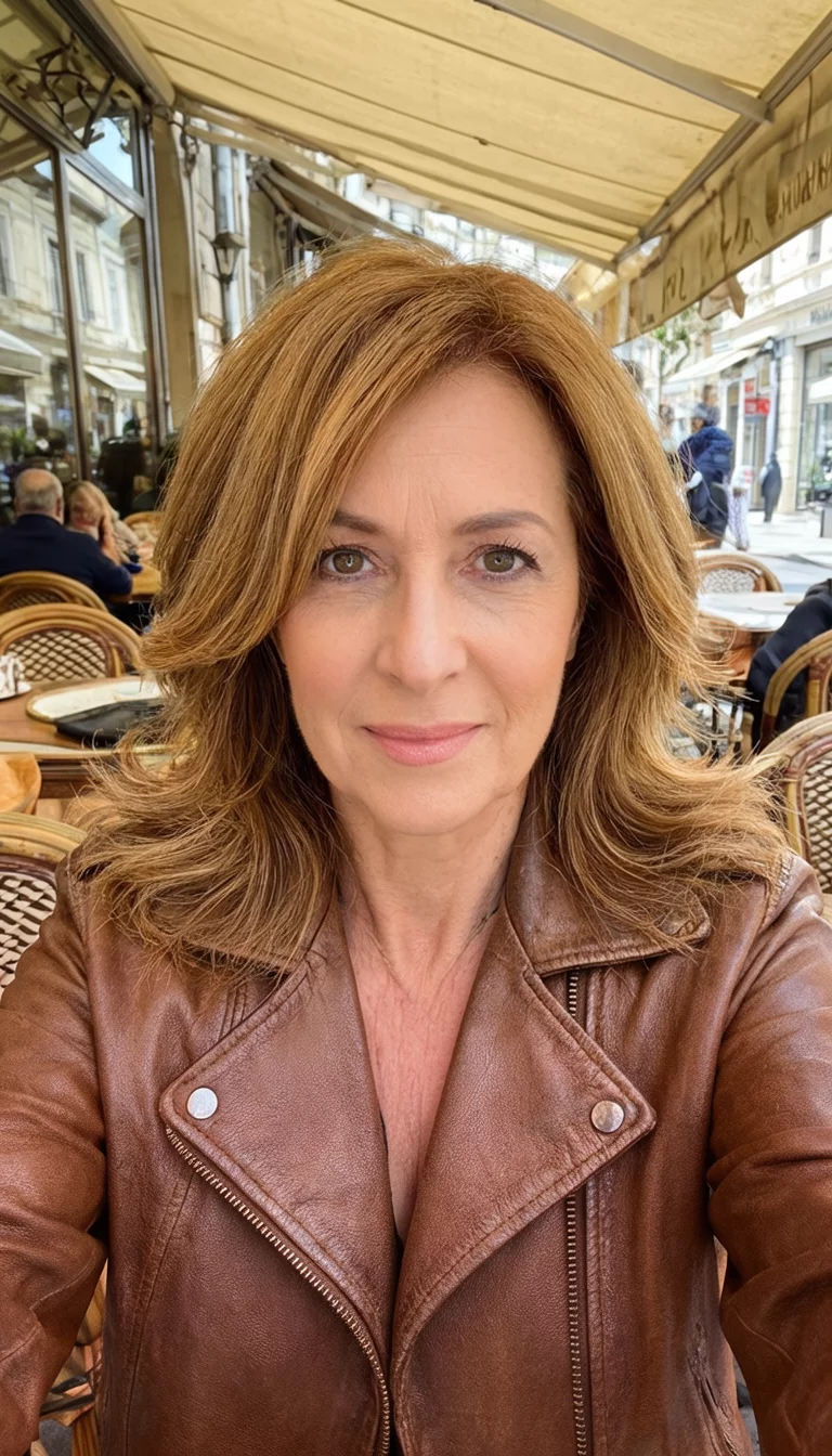 selfie of a 43-year-old woman wearing a brown leather jacket with a layered caramel hairstyle, front view, outdoor cafe background