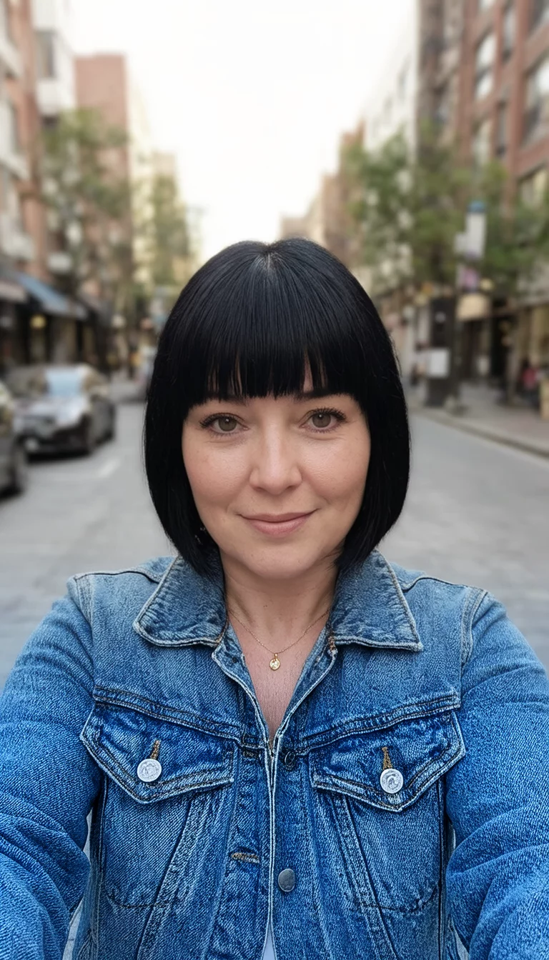 selfie of a 30-year-old woman wearing a denim jacket with a short, straight black bob hairstyle, front view, outdoor street background