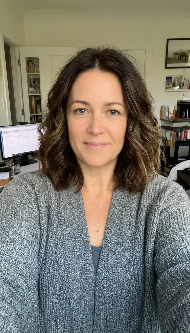 selfie of a 37-year-old woman wearing a grey cardigan with a medium-length wavy hairstyle, front view, home office background