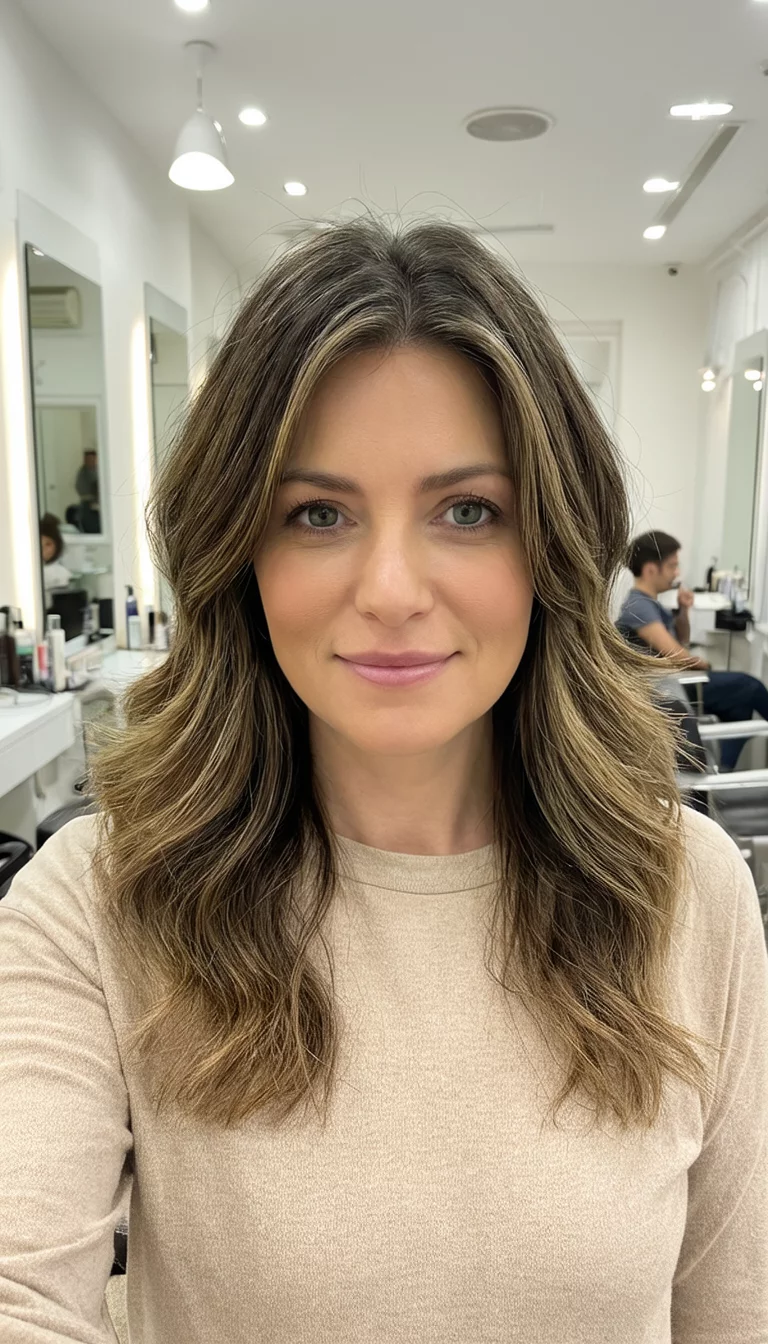 selfie of a 33-year-old woman wearing a neutral top with a versatile layered hairstyle, front view, hair salon background
