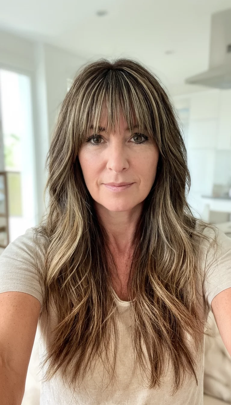 selfie of a 38-year-old woman wearing a light-colored top with a long, layered brown hairstyle with blonde highlights and bangs, front view, bright indoor background