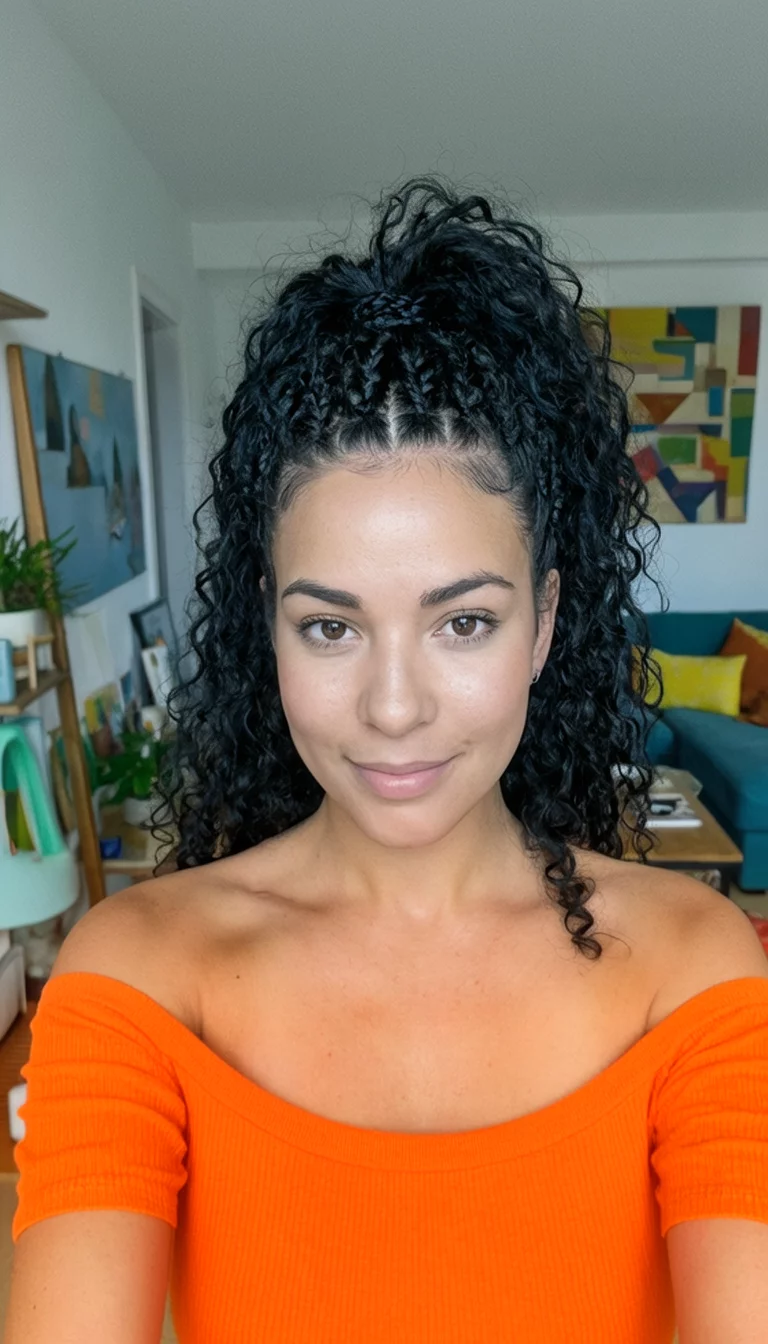 selfie of a 27-year-old woman wearing an orange off-the-shoulder top with a black, curly hairstyle styled in braids and a high ponytail, front view, vibrant apartment background