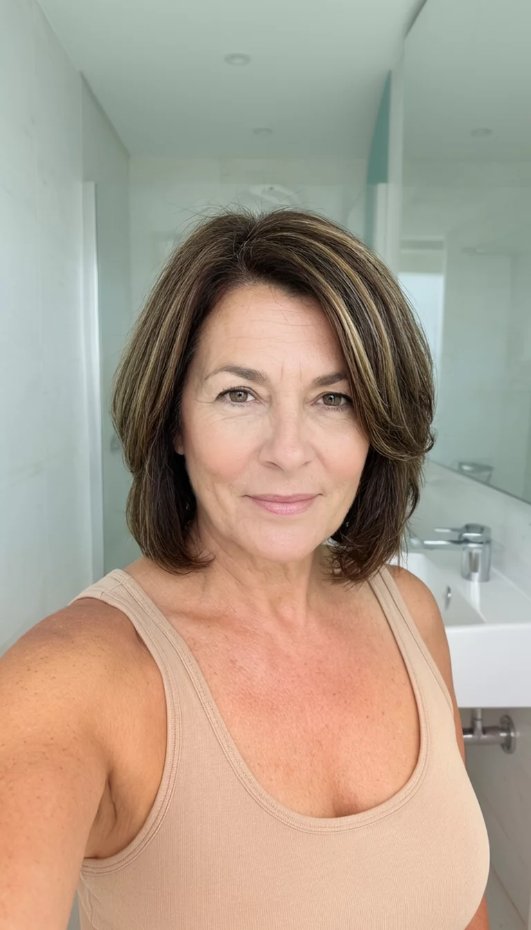 selfie of a 45-year-old woman wearing a beige tank top with a shoulder-length, layered brown hairstyle with subtle highlights, front view, minimalist bathroom background