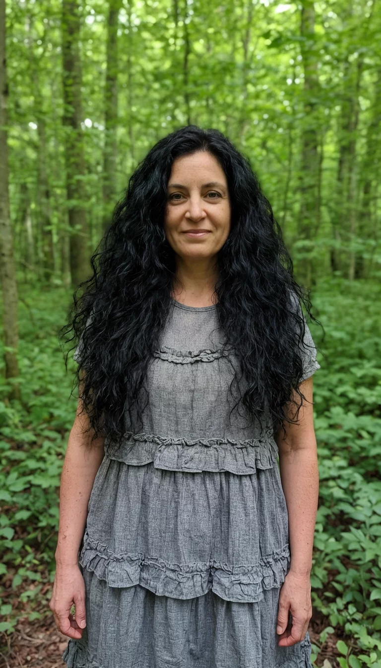 casual photo of a 39-year-old woman wearing a grey ruffled dress with a long, voluminous black wavy hairstyle, front view, green forest background
