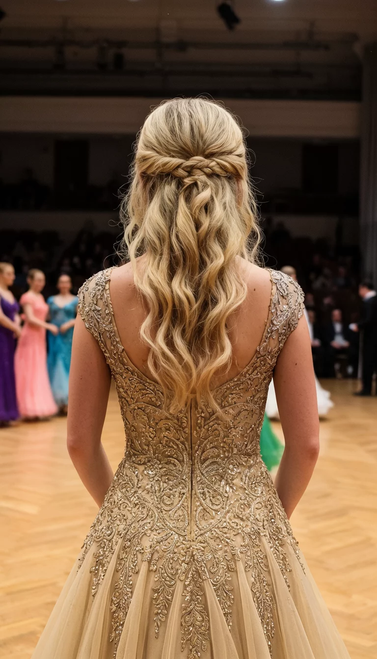 casual photo of a 29-year-old woman wearing an ornate dress with a blonde, wavy hairstyle styled in a half-up braid, back view, ballroom background