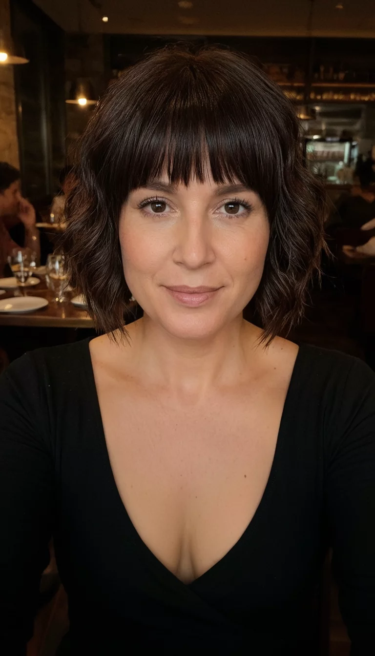 selfie of a 33-year-old woman wearing a black low-cut top with a short, dark brown bob with bangs and loose waves, front view, dimly lit restaurant background