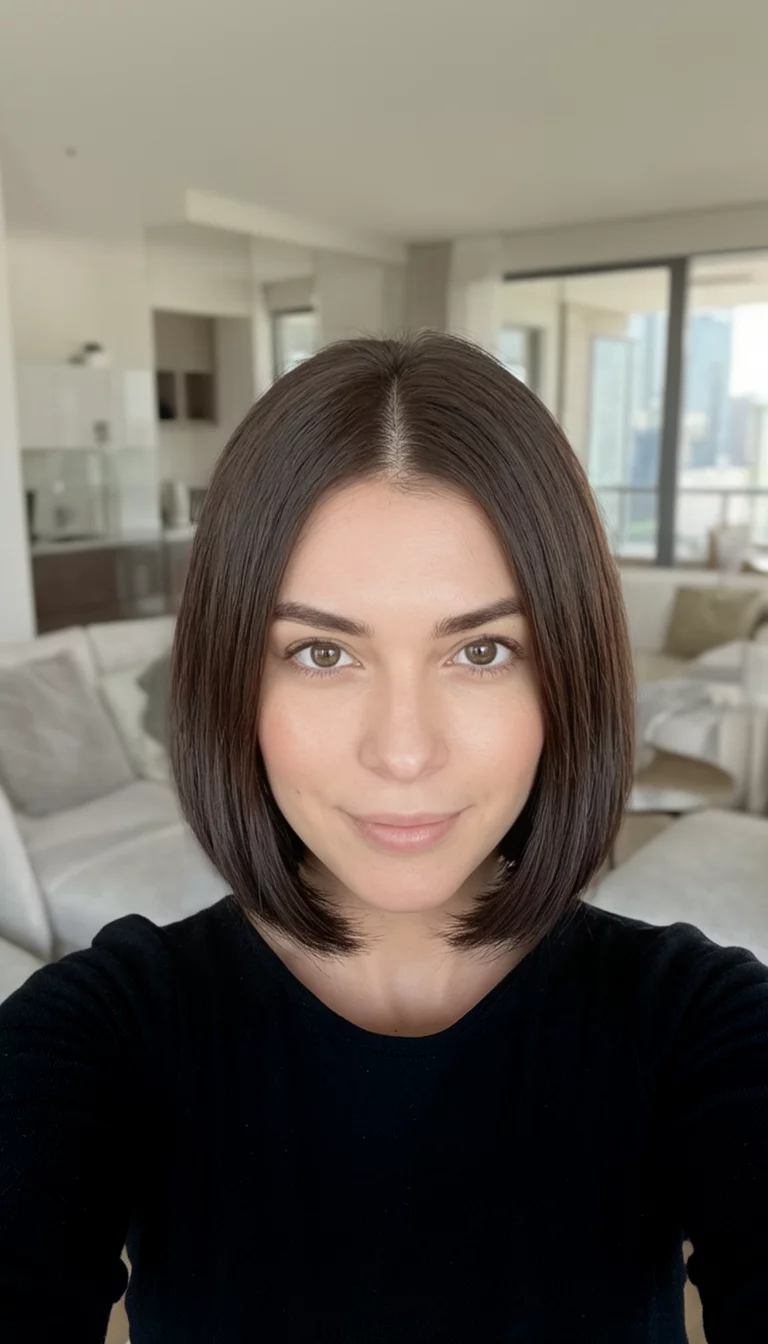 selfie of a 29-year-old woman wearing a black top with a sleek, dark brown bob hairstyle, parted in the middle, front view, modern living room background