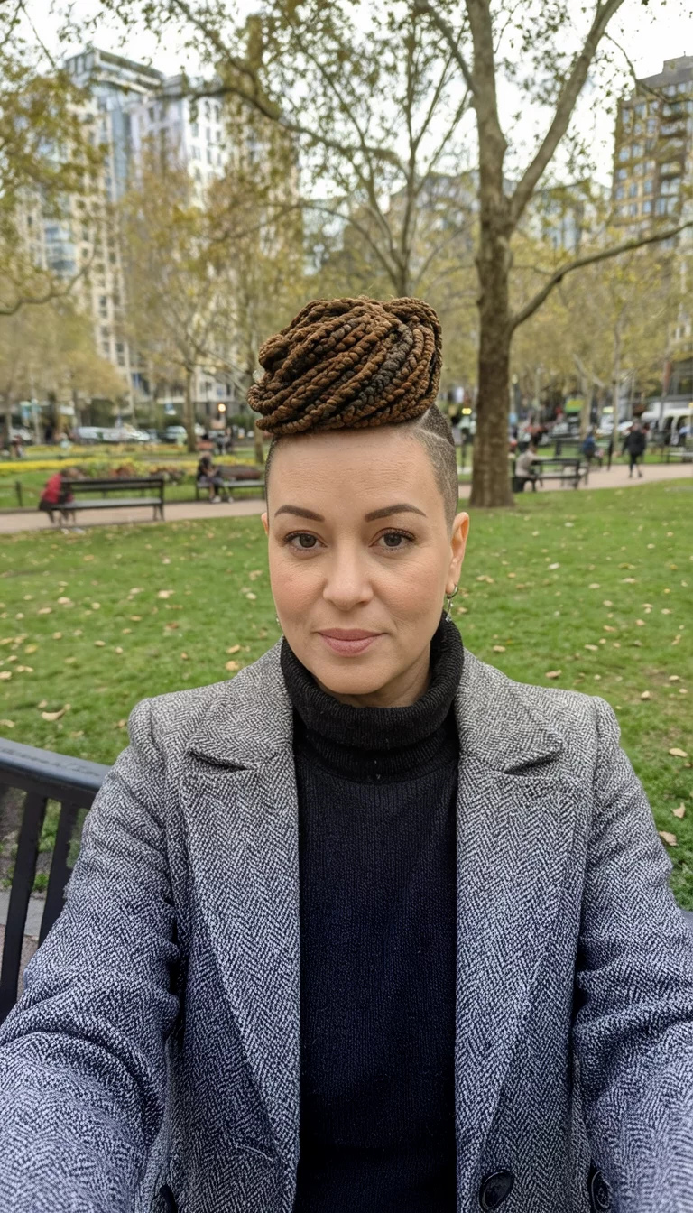 selfie of a 32-year-old woman wearing a stylish coat with a modern textured hairstyle, front view, city park background
