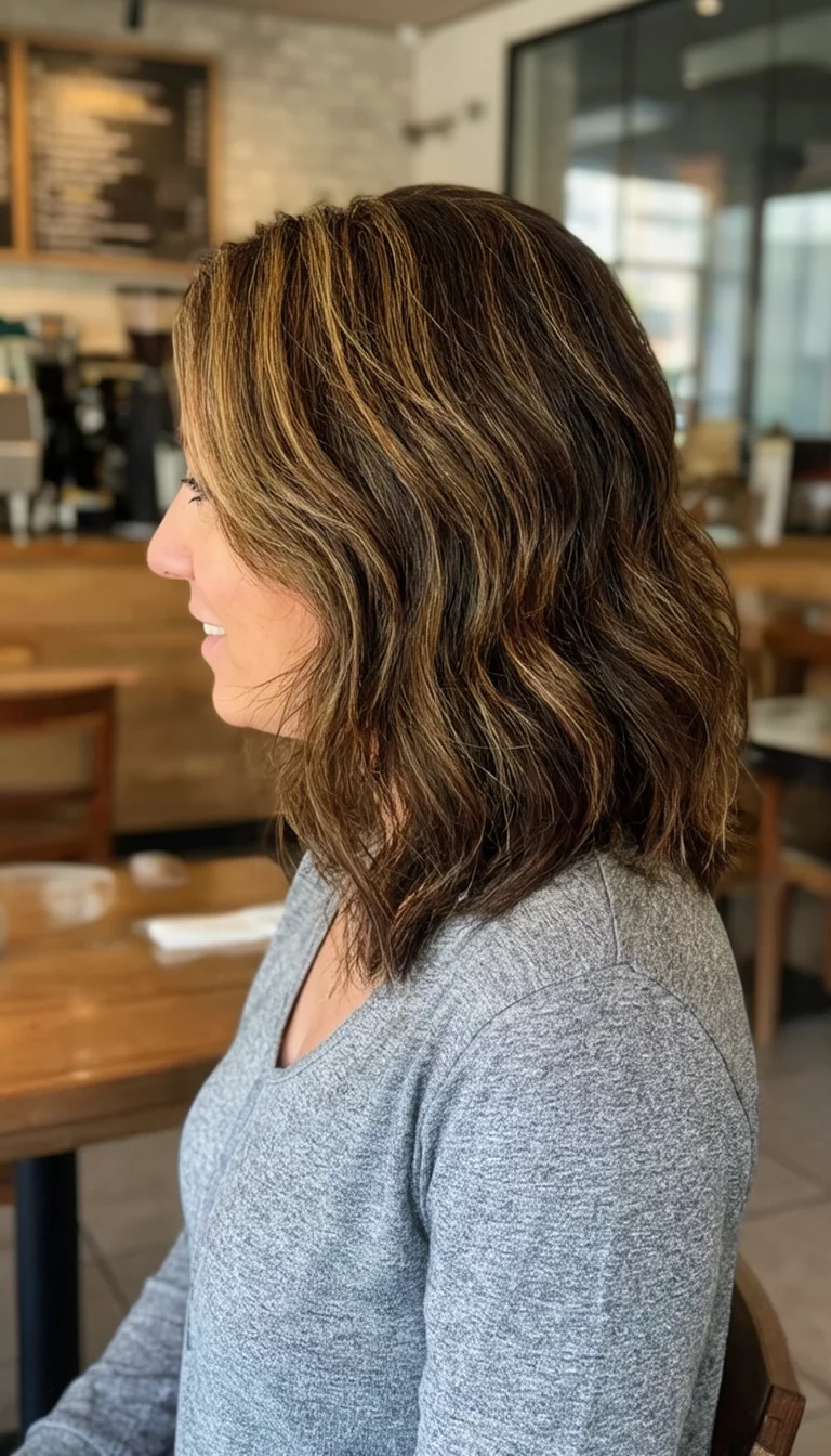 casual photo of a 42-year-old woman wearing a grey top with a medium-length, wavy brown hairstyle with lighter brown highlights, side view, cafe background