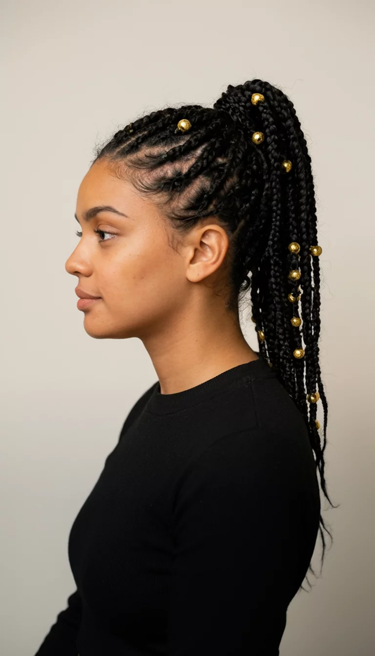 Gilded Braid Accents casual photo of a 29-year-old woman wearing a black top with black braided hair in a high ponytail adorned with gold beads, side view, plain background