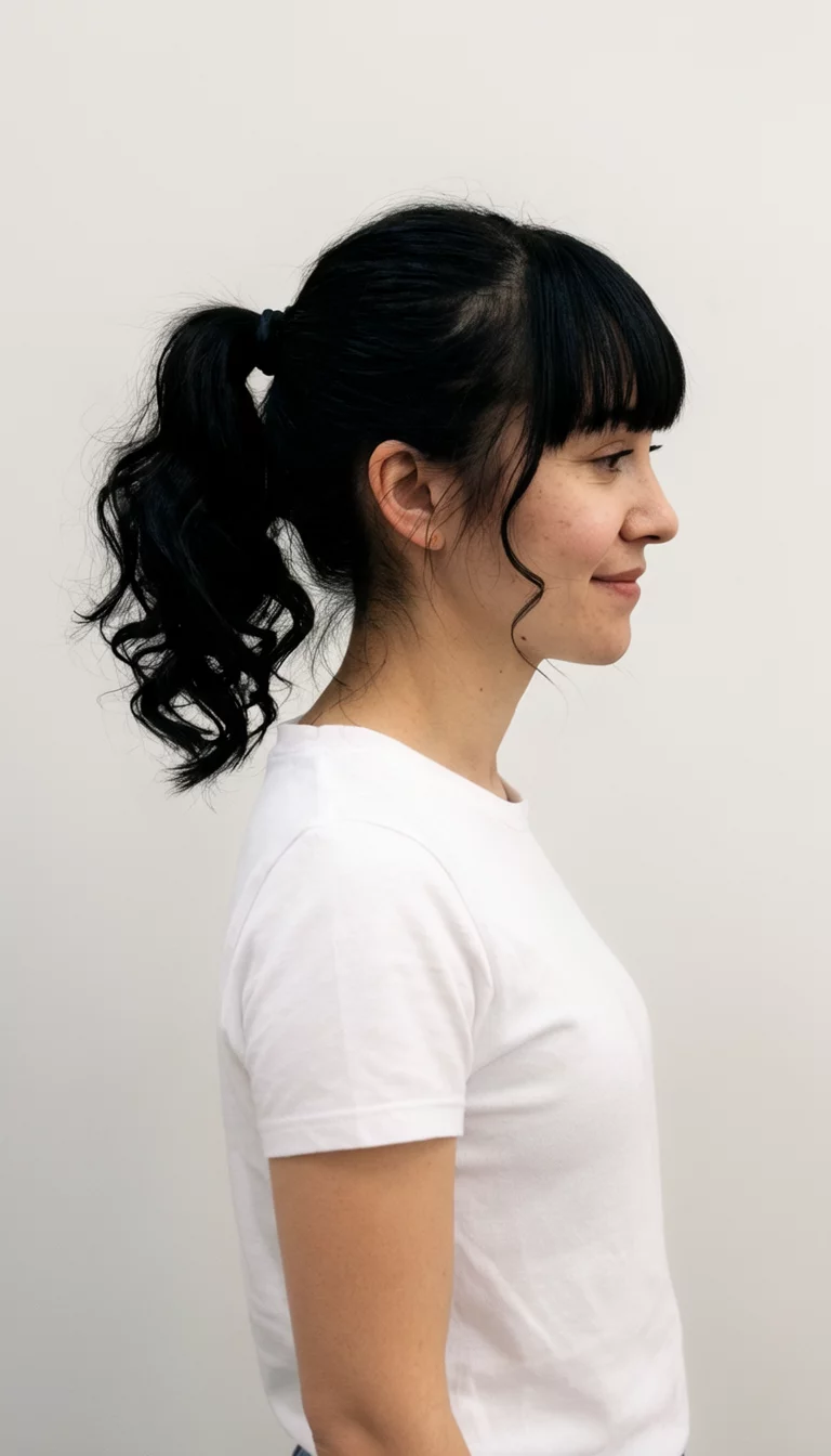 Bangs and Curls Combo casual photo of a 32-year-old woman wearing a white t-shirt with black hair in a high ponytail with neat bangs and side curls, side view, plain background