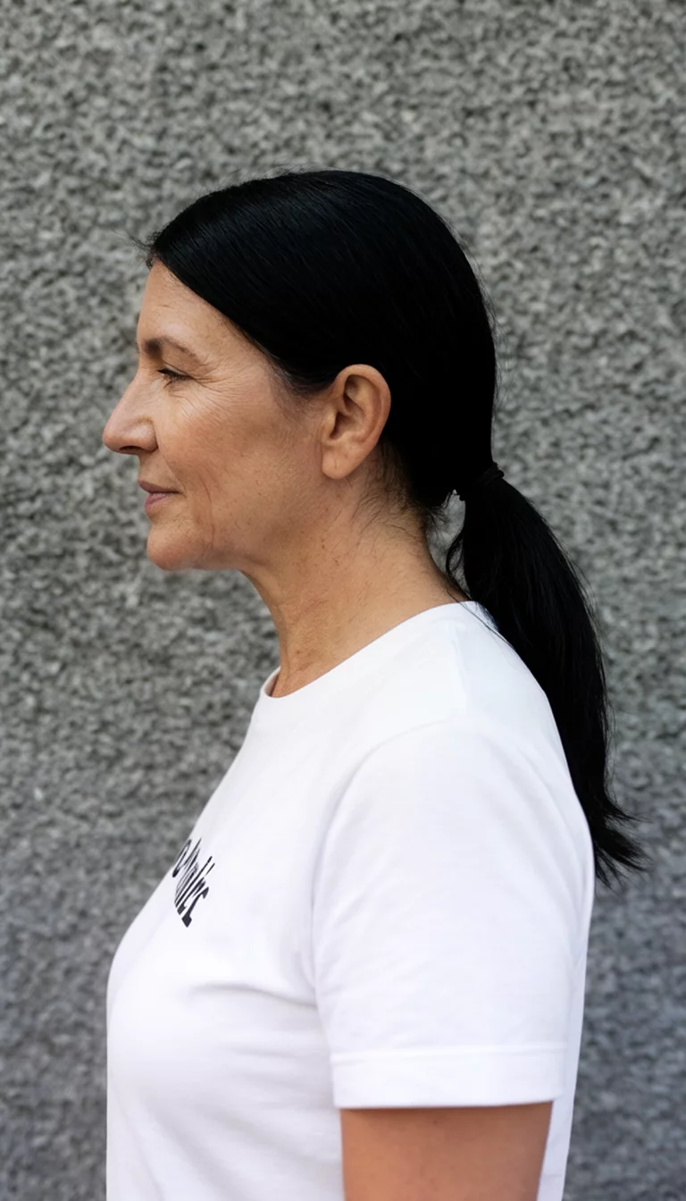 Sleek Low Side Sweep casual photo of a 41-year-old woman wearing a white t-shirt with sleek black hair in a side ponytail, side view, textured grey background