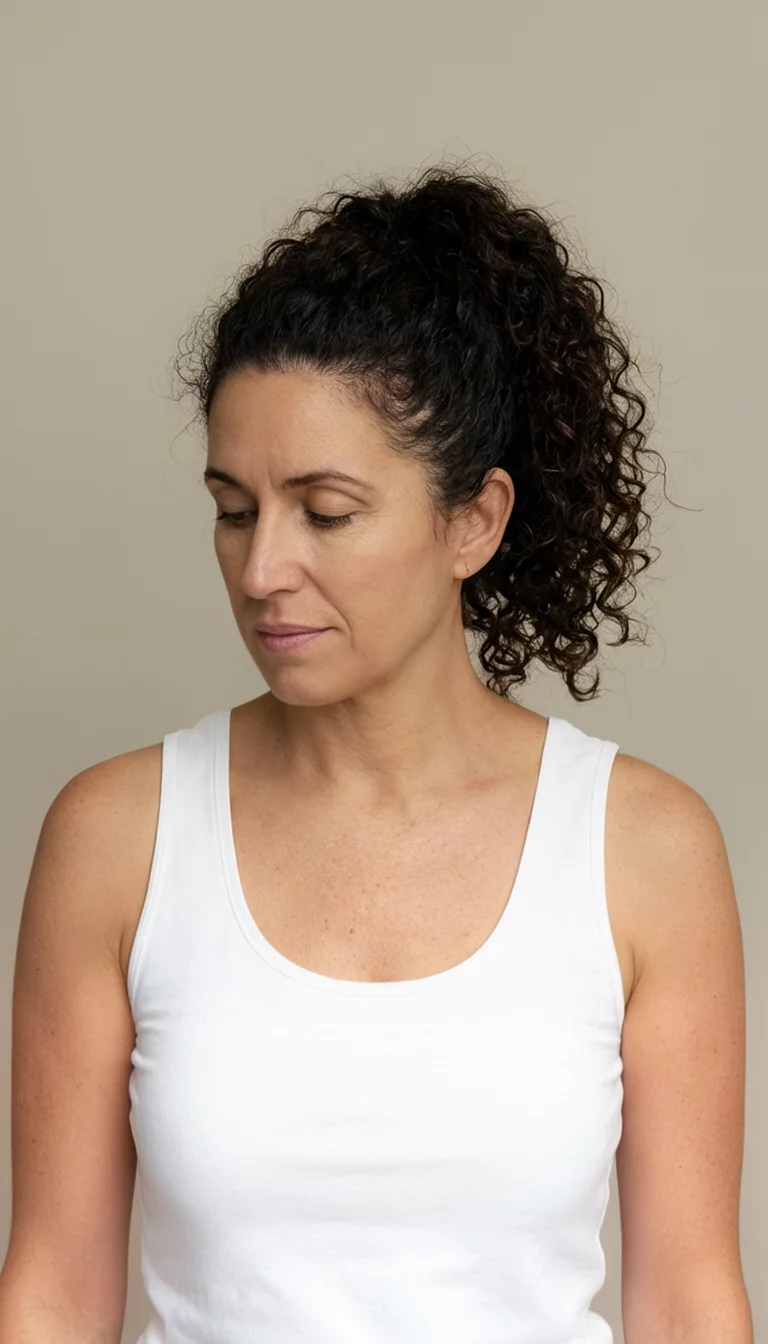 Natural High Volume casual photo of a 39-year-old woman wearing a white top with natural dark, curly hair pulled into a high ponytail, front view, neutral background