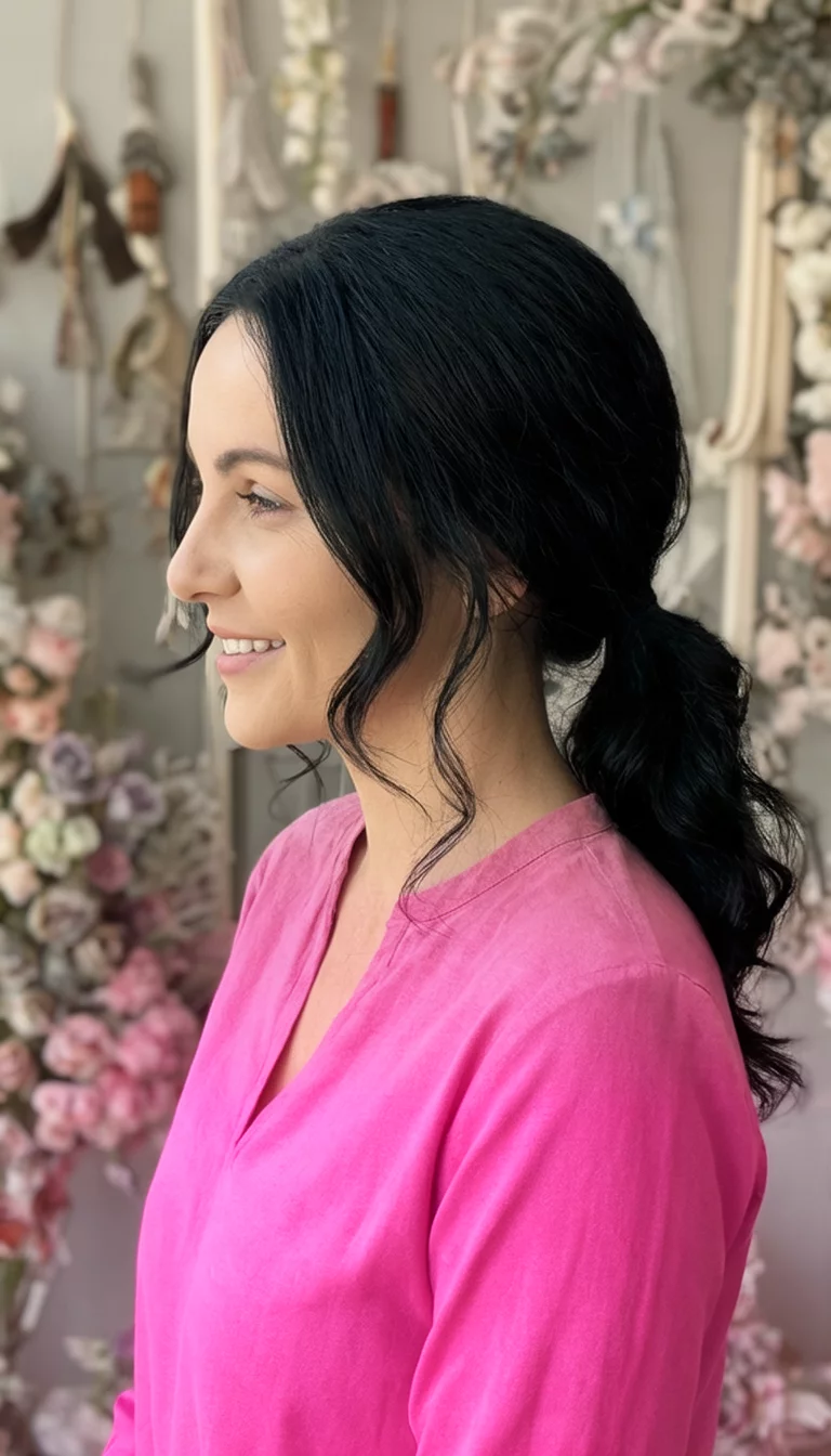Soft Wave Side Pony casual photo of a 36-year-old woman wearing a pink shirt with black hair in a stylish side ponytail with soft waves, side view, decorative background