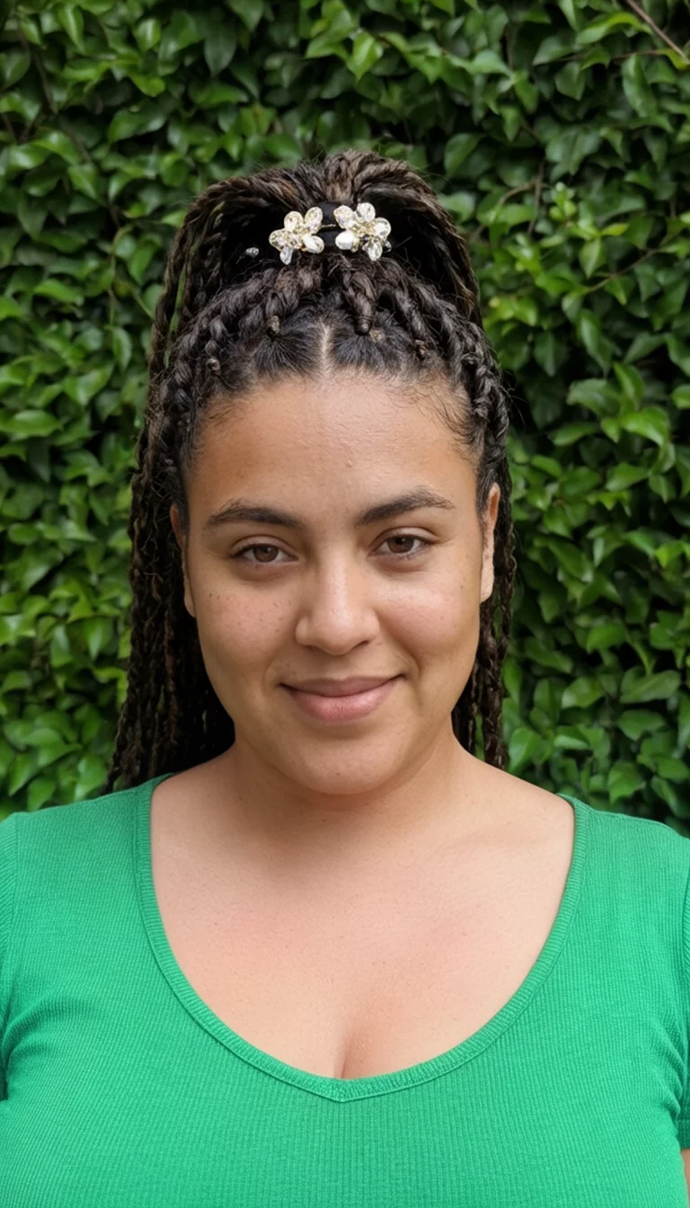 Nature Inspired Accessories casual photo of a 29-year-old woman wearing a green top with braided hair in a high ponytail adorned with decorative hair clips, front view, green leafy background