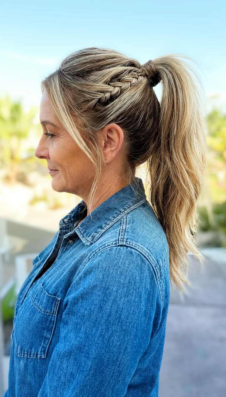 Braided Hairline Side Pony casual photo of a 40-year-old woman wearing a denim shirt with blonde, highlighted hair in a high side ponytail with a braided section along the hairline, side view, bright background