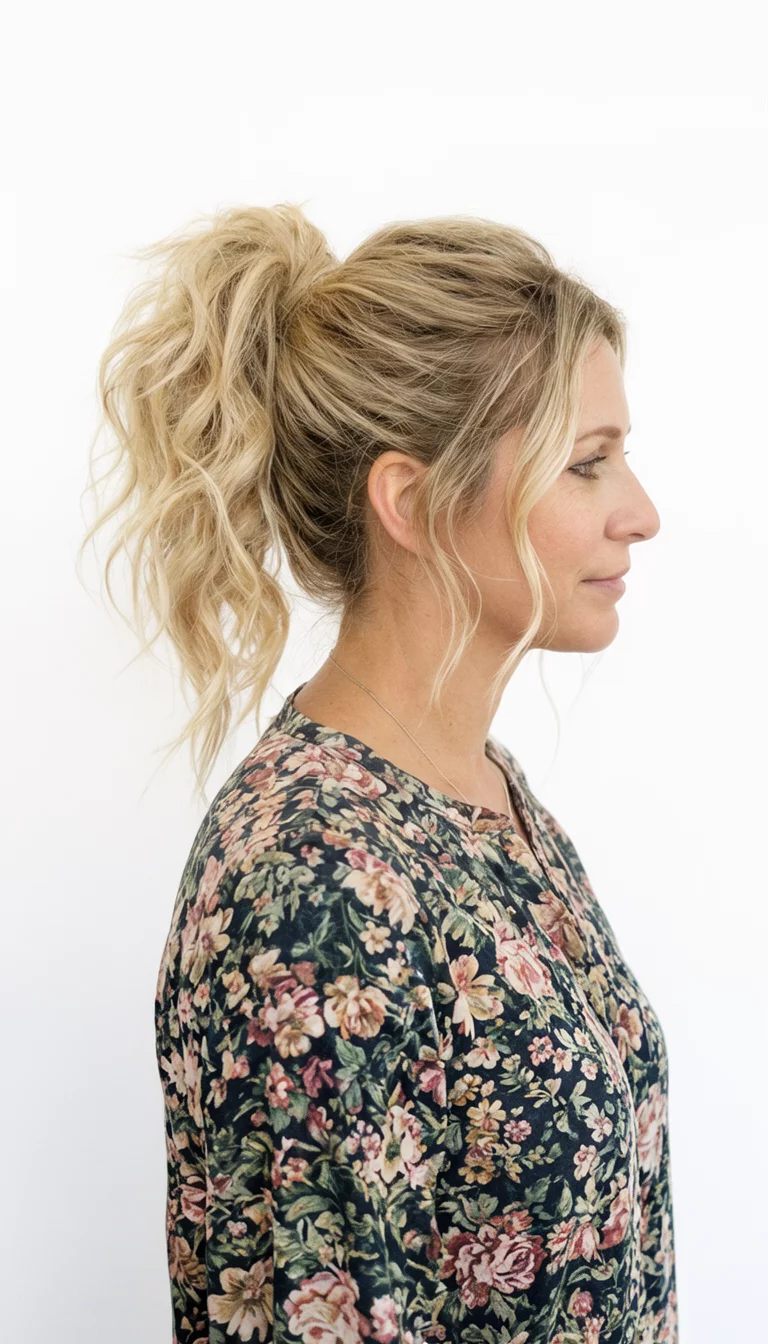 The Effortless Messy Wave casual photo of a 35-year-old woman wearing a floral print top with blonde, wavy hair in a high, messy ponytail, side view, white background