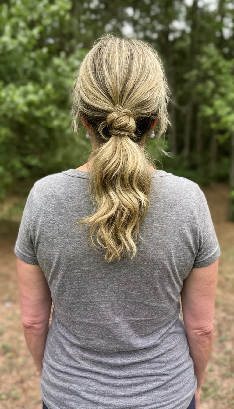 The Twisted Knot Low Pony casual photo of a 47-year-old woman wearing a casual top with blonde, highlighted hair styled in a low ponytail with a twisted knot and loose waves, back view, outdoor background