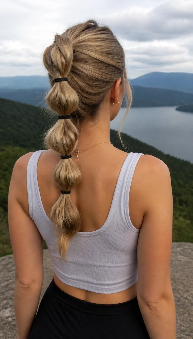 Segmented Bubble Braid casual photo of a 27-year-old girl wearing a casual top with blonde hair styled in a unique braided ponytail with multiple sections secured by black ties, back view, outdoor background