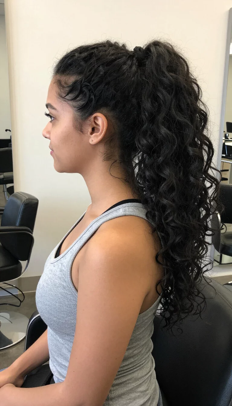 Salon Quality Volume casual photo of a 33-year-old woman wearing a grey tank top with long, curly black hair in a high ponytail, side view, salon setting
