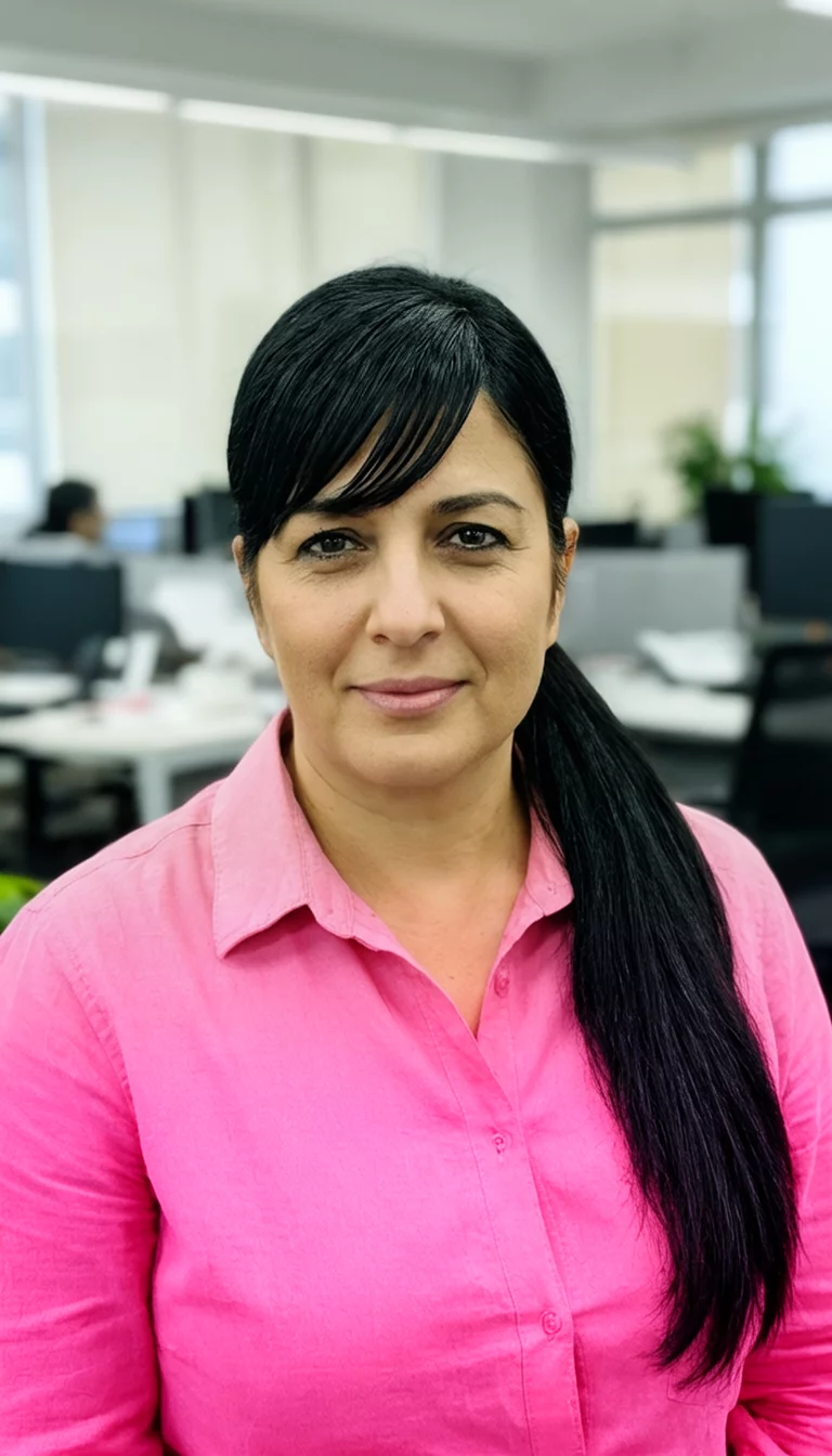 Sleek Bang Side Pony casual photo of a 43-year-old woman wearing a pink collared shirt with black hair styled in a sleek side ponytail with side-swept bangs, front view, office background