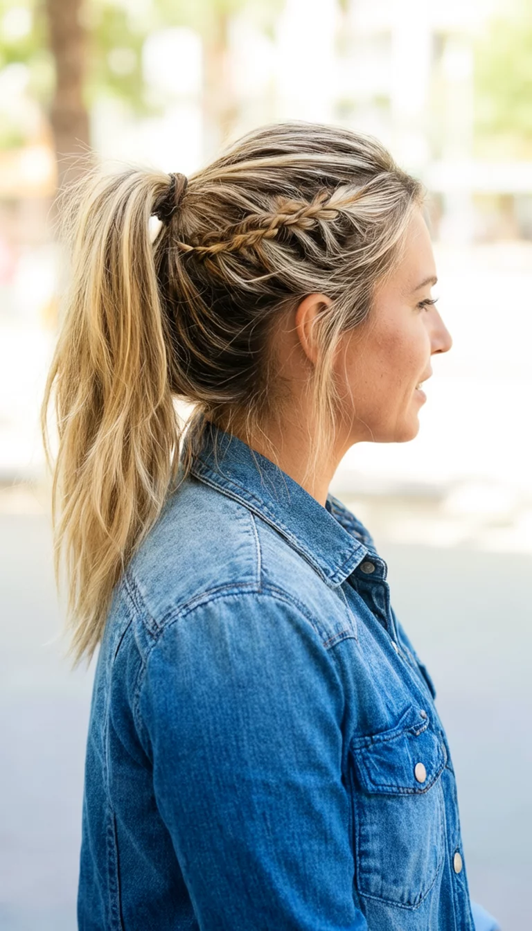 Braided Crown Accent casual photo of a 30-year-old woman wearing a denim shirt with blonde, highlighted hair styled in a high ponytail with a braided accent on top, side view, bright background