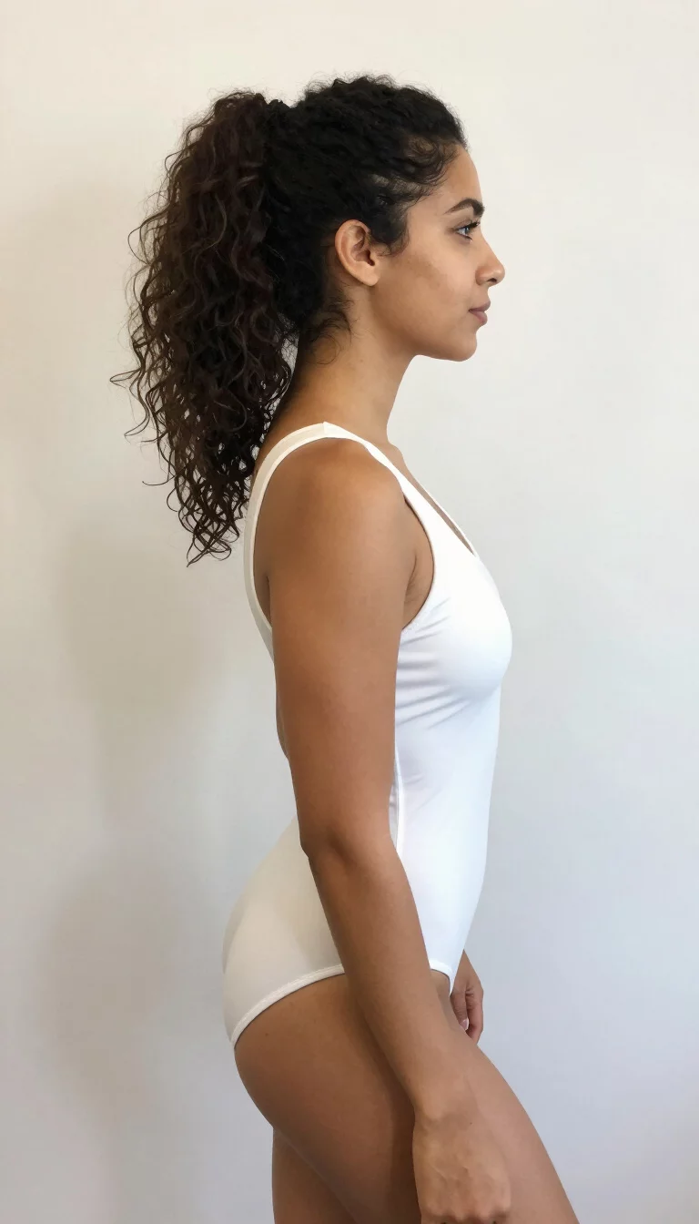 The Sky High Coil casual photo of a 34-year-old woman wearing a white one-piece garment with dark, curly hair in a very high ponytail, side view, white backdrop