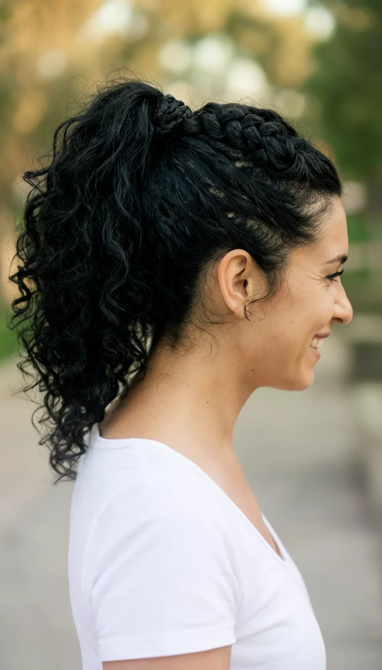casual photo of a 32-year-old woman wearing a white top with a high ponytail featuring intricate braids and black, curly hair, side view, blurred background