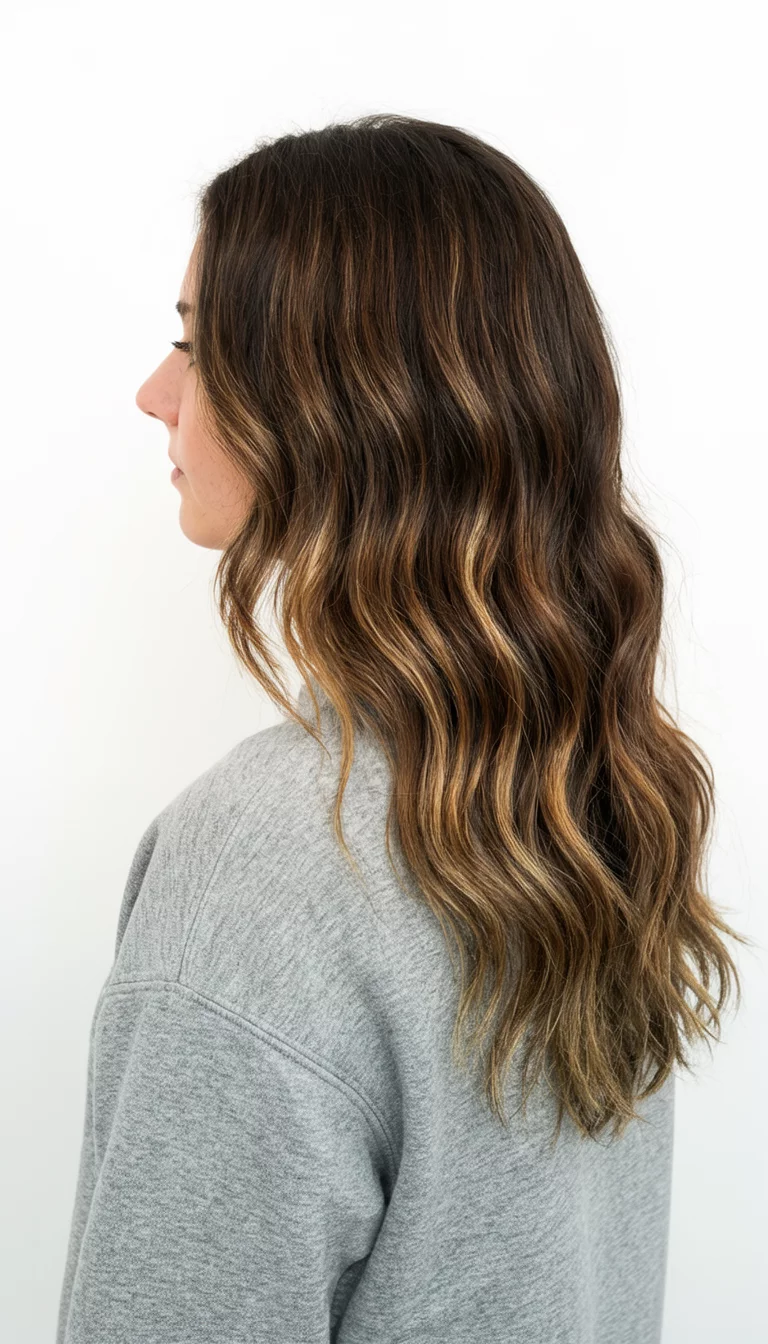 casual photo of a 24-year-old woman wearing a grey sweatshirt with a long, wavy brown hair with lighter streaks colored wavy hairstyle, side view, white background