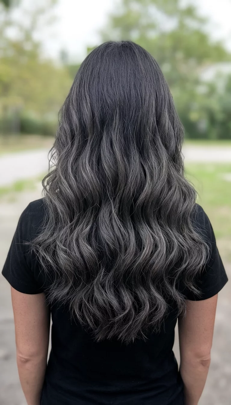 casual photo of a 35-year-old woman wearing a black top with a long, wavy, dark ash brown hair colored wavy hairstyle, back view, simple outdoor background