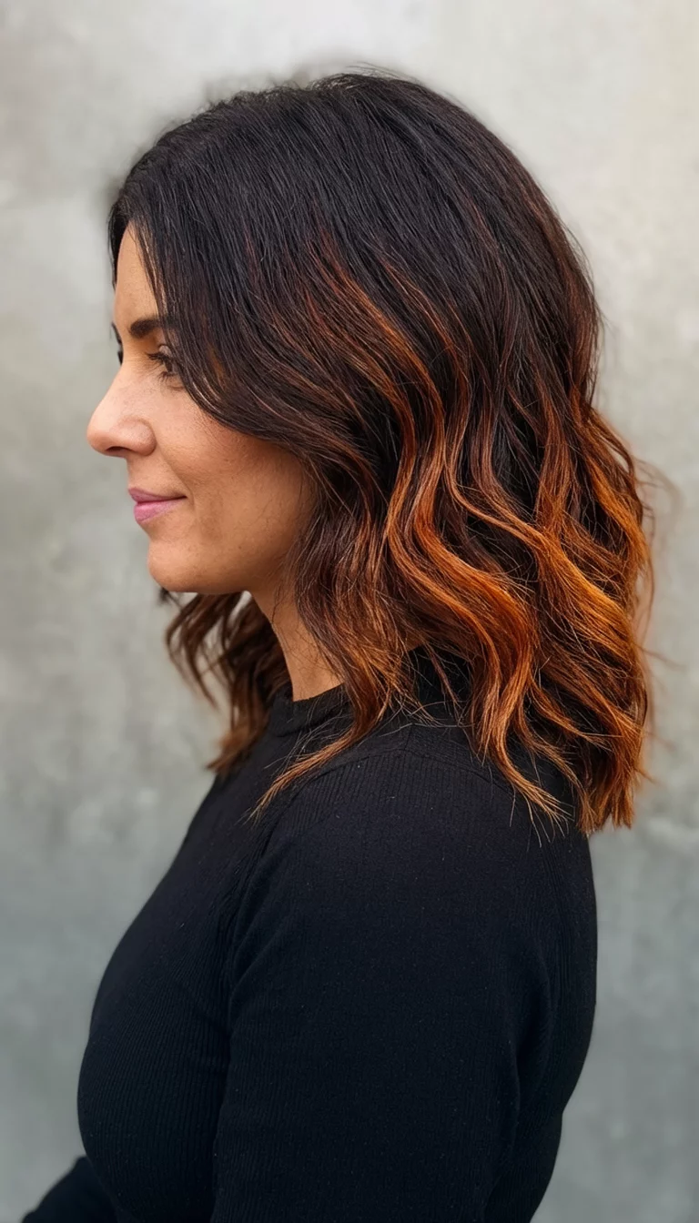 casual photo of a 36-year-old woman wearing a black top with a medium-length, wavy dark brown hair with warm auburn highlights colored wavy hairstyle, side view, black top background