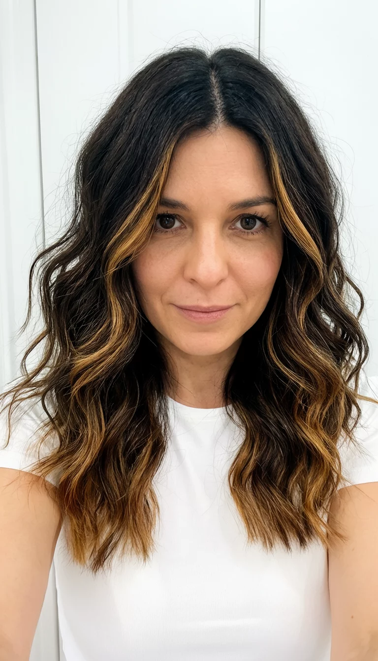 selfie of a 30-year-old woman wearing a white top with a wavy, dark brown hair with caramel highlights colored wavy hairstyle, mirror image view, white top background