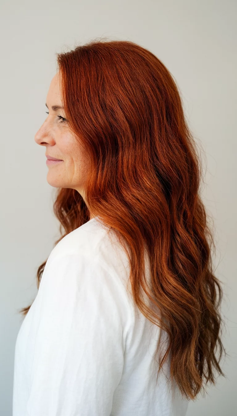 casual photo of a 41-year-old woman wearing a white top with a long, wavy, reddish-brown hair colored wavy hairstyle, side view, plain background
