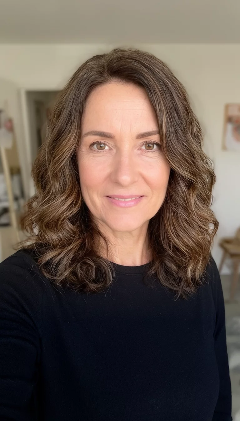 selfie of a 49-year-old woman wearing a black top with a medium length wavy brown hair colored wavy hairstyle, front view, indoor background
