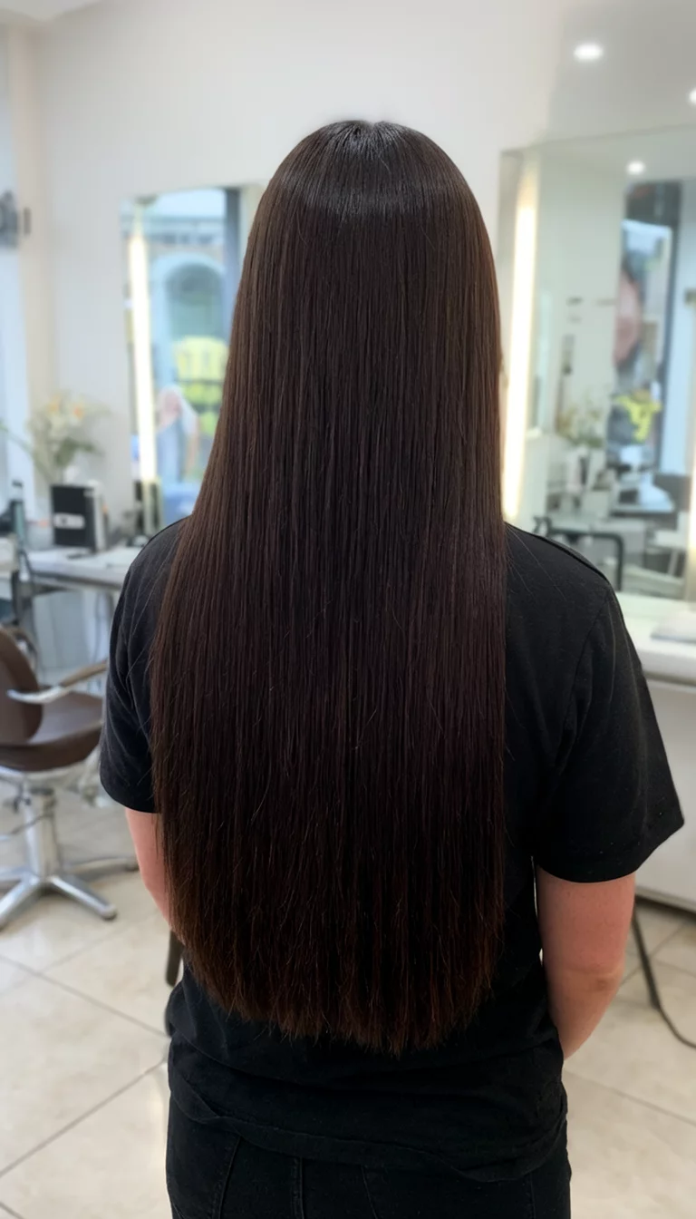 casual photo of a 34-year-old woman wearing a black top with a long, straight, dark brown hair colored straight hairstyle, back view, salon setting