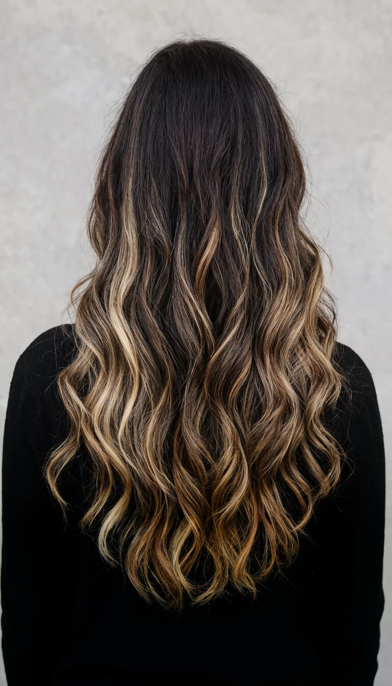 casual photo of a 26-year-old woman wearing a black top with a long, wavy dark brown hair with blonde and caramel highlights colored wavy hairstyle, back view, black top background