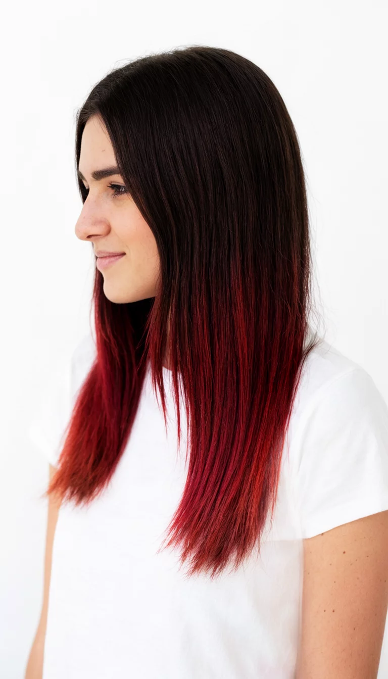 casual photo of a 29-year-old woman wearing a white top with a dark brown hair with fiery red-brown ombré highlights colored straight hairstyle, side view, white top background
