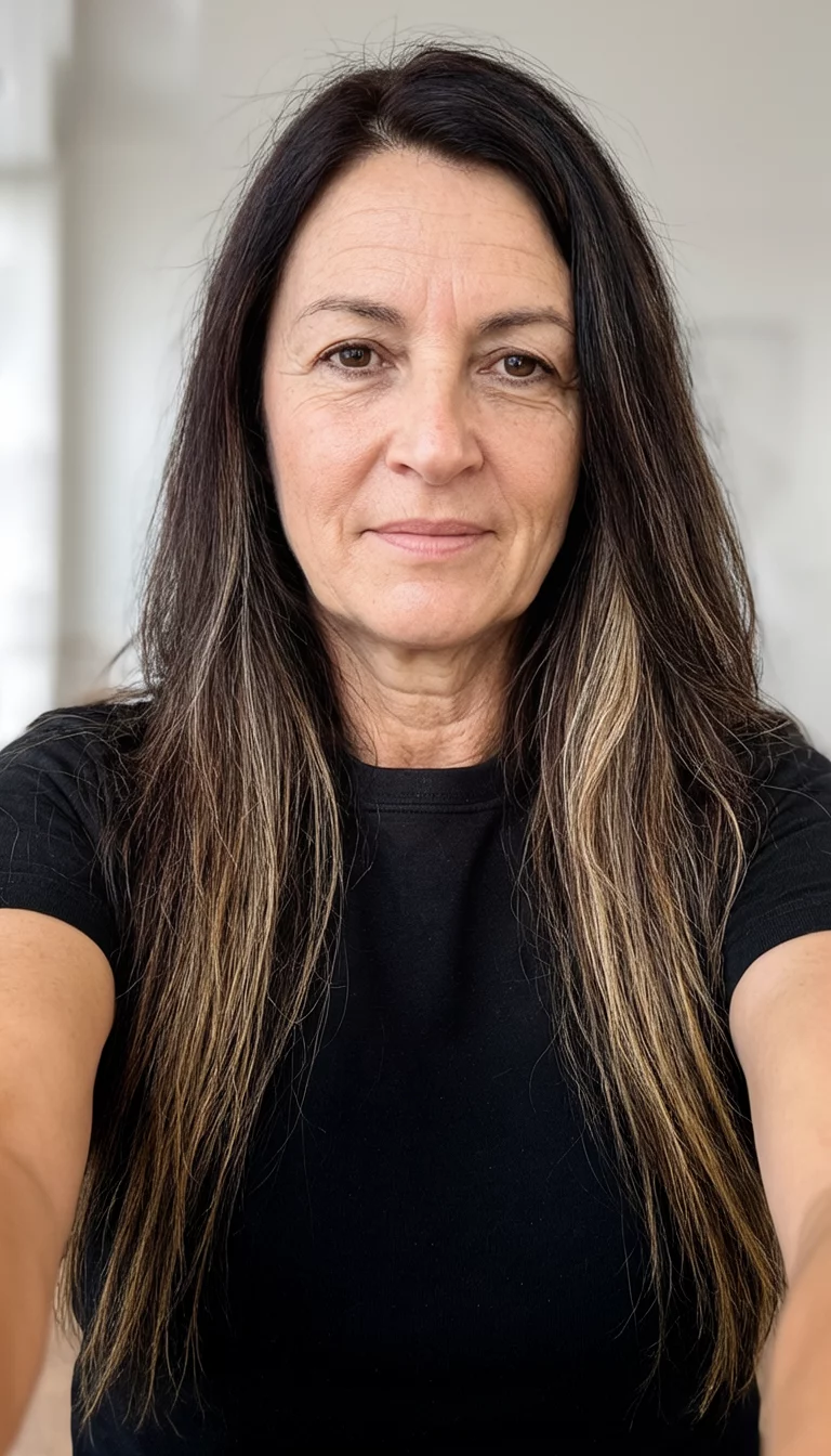 selfie of a 45-year-old woman wearing a black t-shirt with a very long, dark brown hair with lighter highlights colored long hairstyle, front view, black t-shirt background