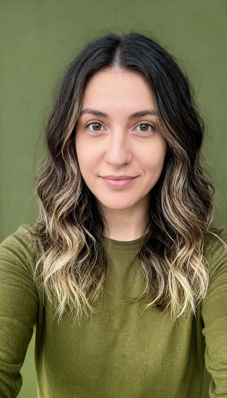 selfie of a 27-year-old woman wearing an olive green top with a medium-length, wavy, dark brown hair with blonde highlights colored wavy hairstyle, front view, olive green top background