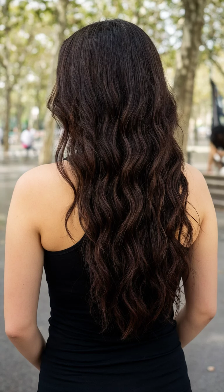 casual photo of a 23-year-old woman wearing a black tank top with a long, wavy, dark chocolate brown hair colored wavy hairstyle, back view, black tank top background